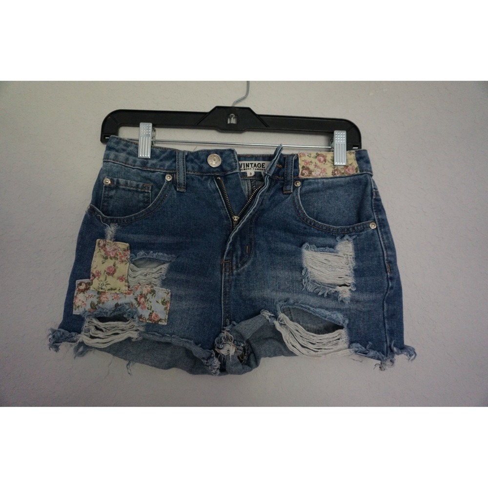 Almost Famous Vintage Distressed Denim Shorts with Floral Patches